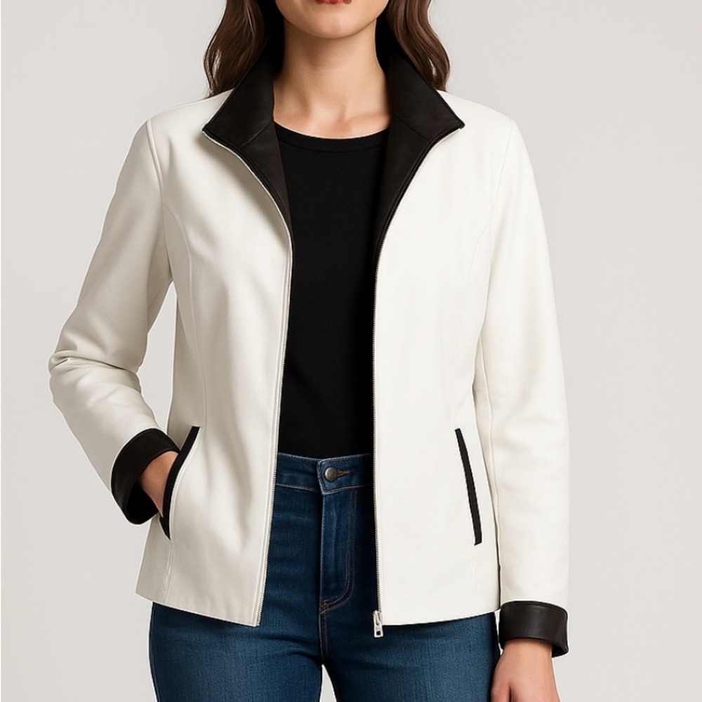 Vintage Gabi Pelletier Leather Jacket Made in Italy Cream Black Zip Front Sz LG